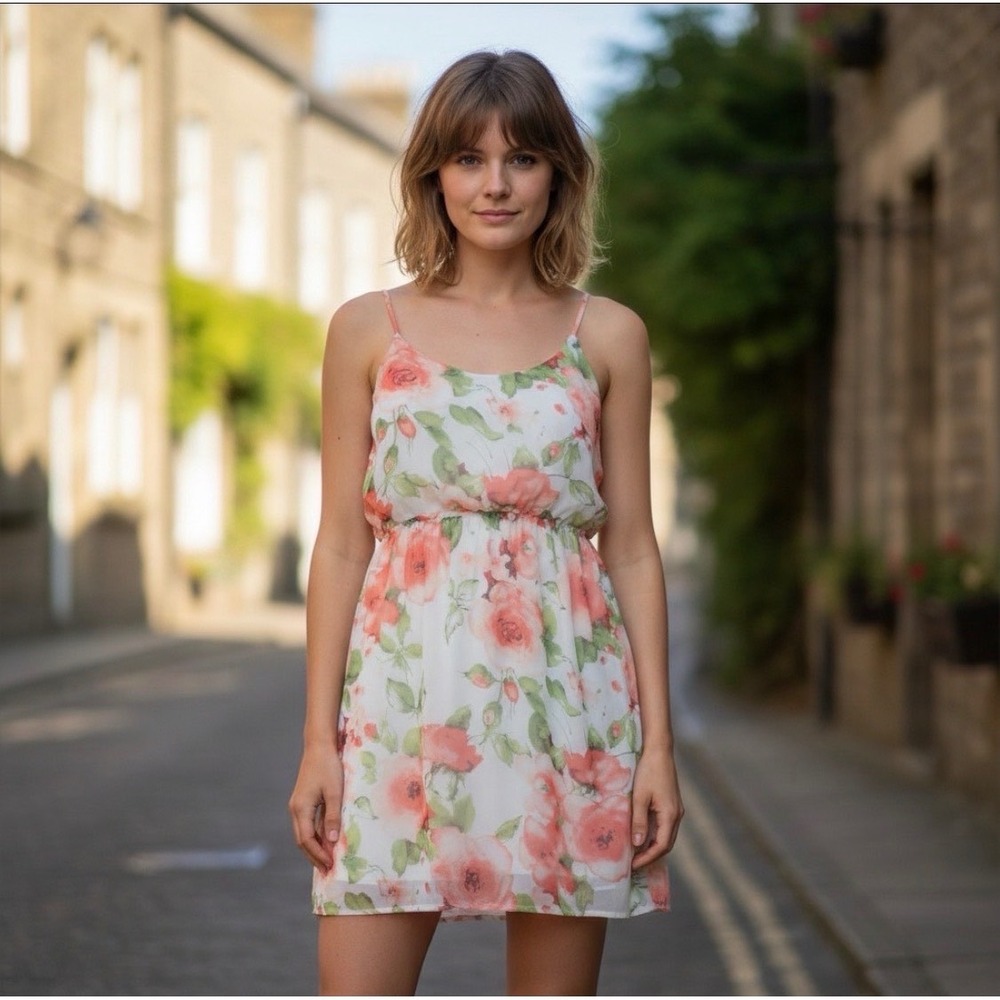 Soprano Floral Print Mini Dress Coral Roses White Spaghetti Strap L